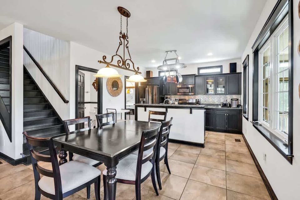 Dining room and kitchen with gas stove