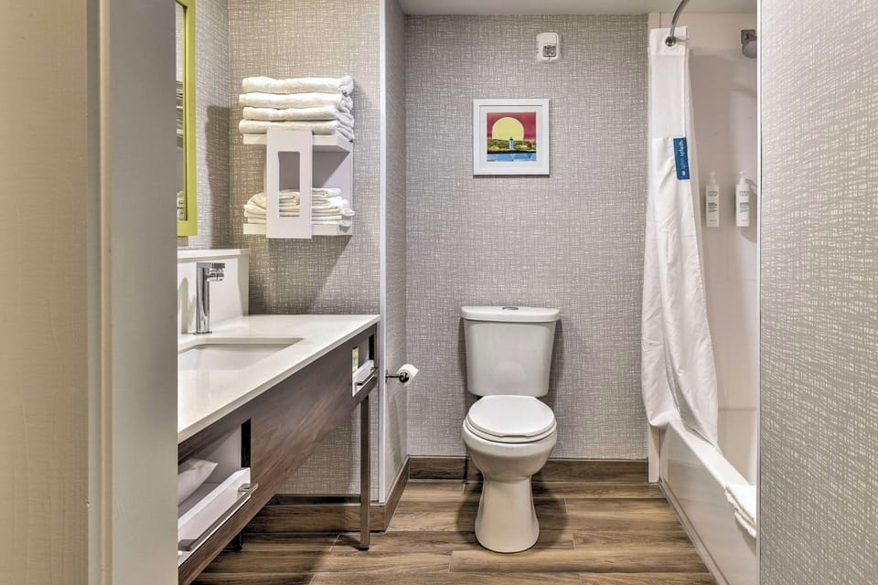 Combined shower/tub, free toiletries, hair dryer, towels