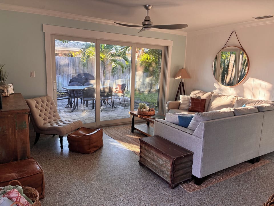 Living room right off open kitchens
