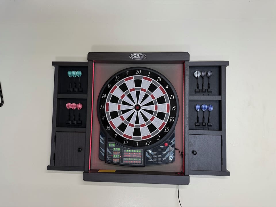 Electronic dart board in game room.