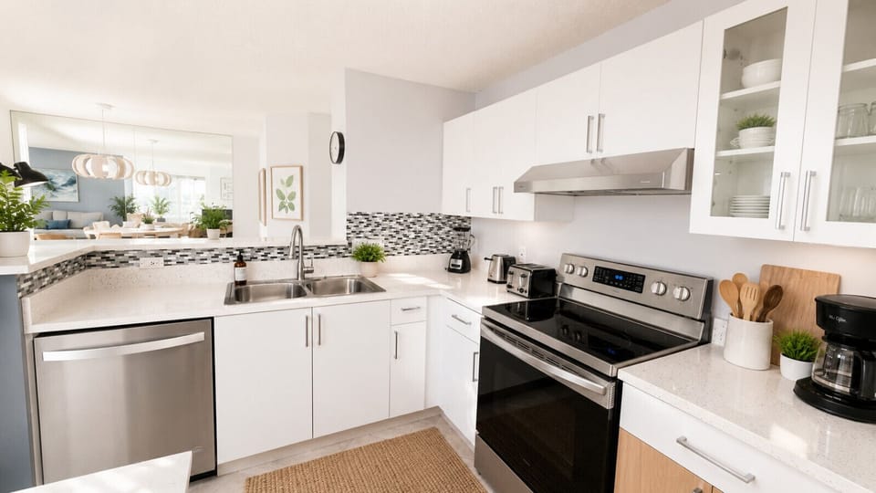 Bright equipped kitchen with modern appliances, spacious counters, and everything you need for home-cooked meals, coffee mornings or extended stays.