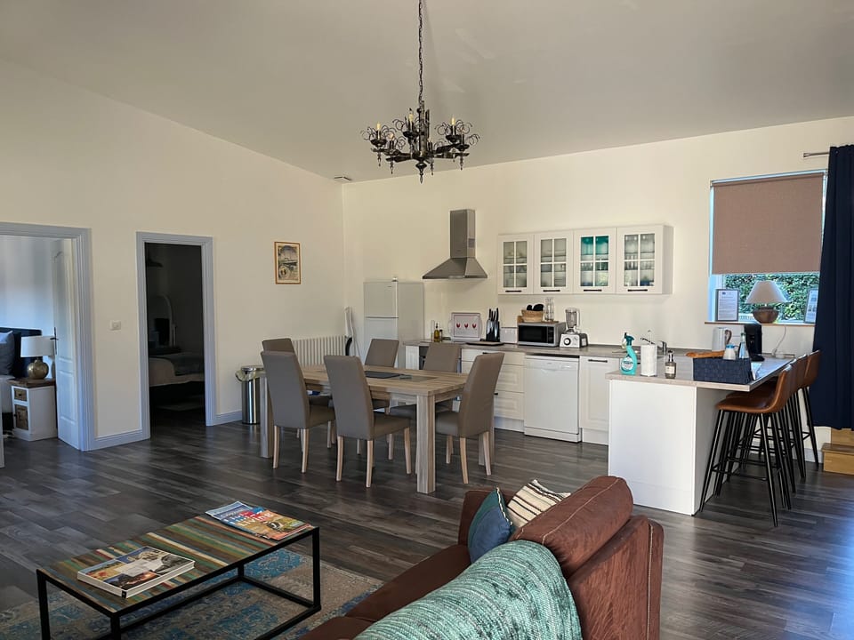 The fully equipped kitchen and long dining table. It has everything !