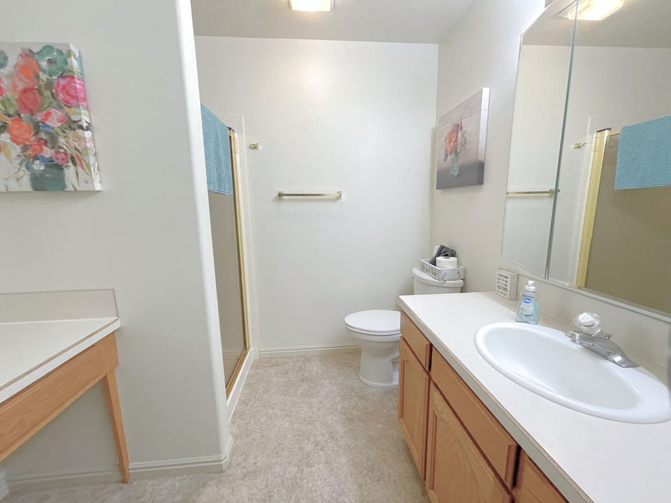 Spacious en suite bathroom featuring a seated vanity.