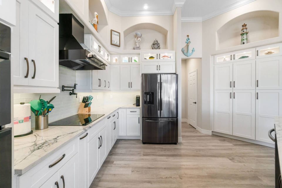 You'll find well-stocked cabinets as well as ample storage.
