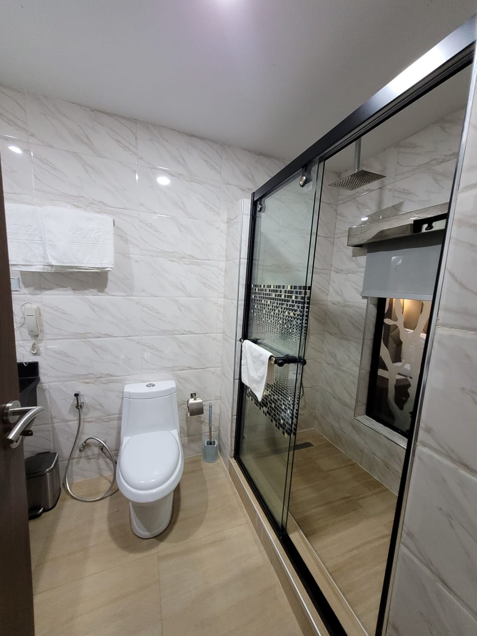 Combined shower/tub, bathrobes, towels