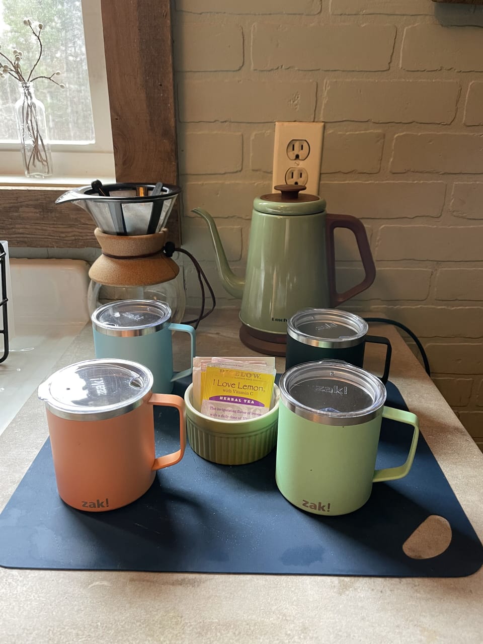 Pour over coffee maker and electric kettle.