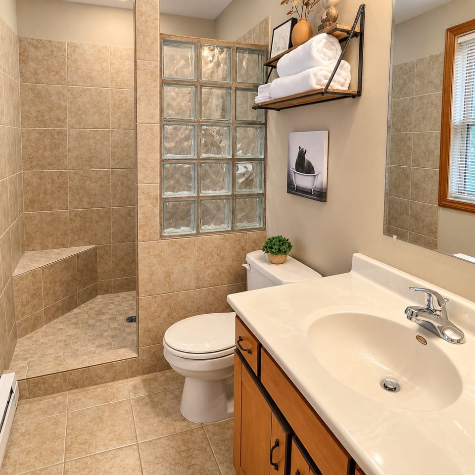 Bright bathroom with walk-in tiled shower, bench, and stylish finishes
