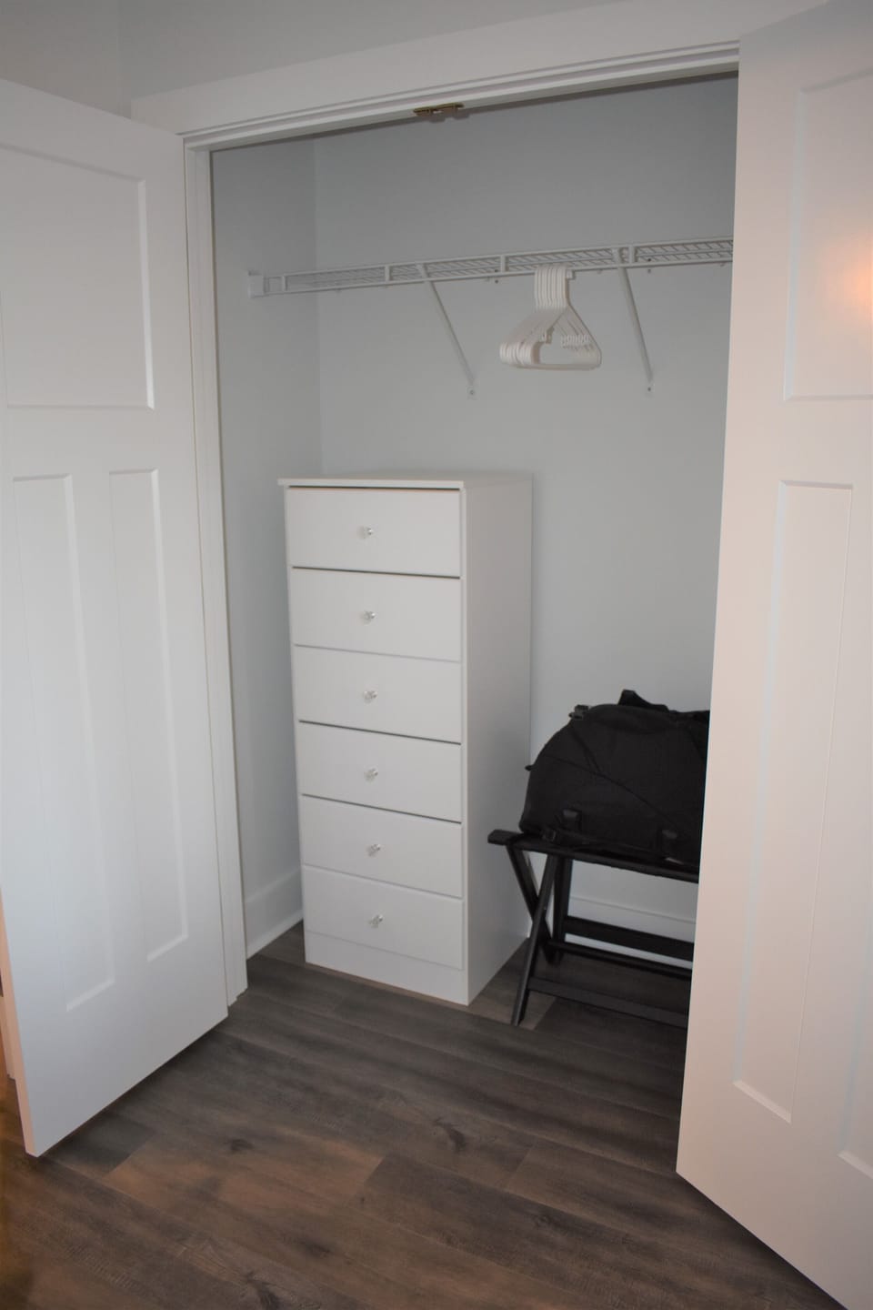 BR 2&3 closet layout. BR1 entire closet open for hanging, dresser in main room.