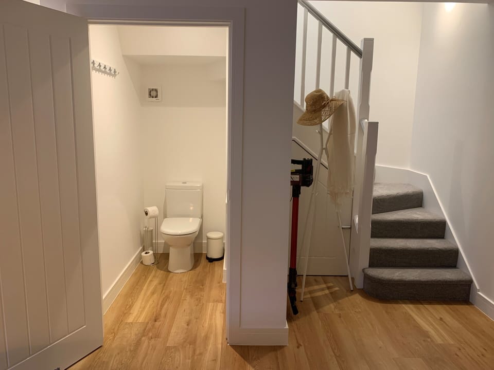 Downstairs cloakroom with toilet, sink and coat storage