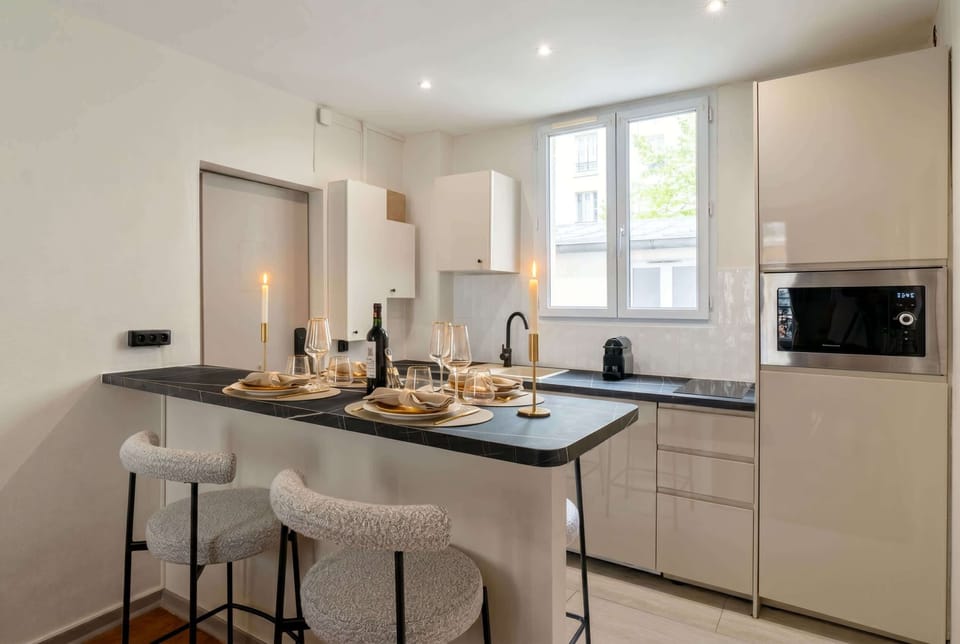 Multifunctional table for dining in the living room in front of the kitchen.