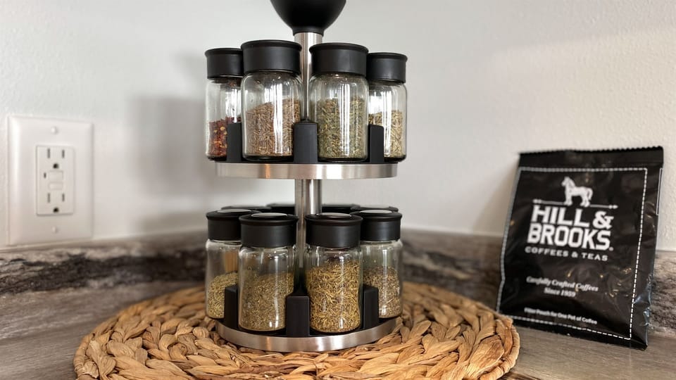 Don’t forget to check out our spice rack, fully stocked to enhance your culinary creations!
