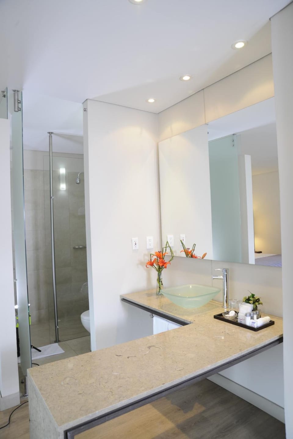 Shower, rainfall showerhead, hair dryer, towels