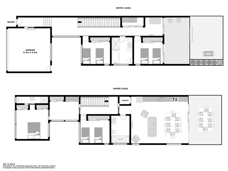 Spacious two-level layout with open living, deck, and multiple bedrooms
