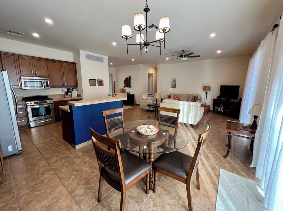 Kitchen, dining area and living room