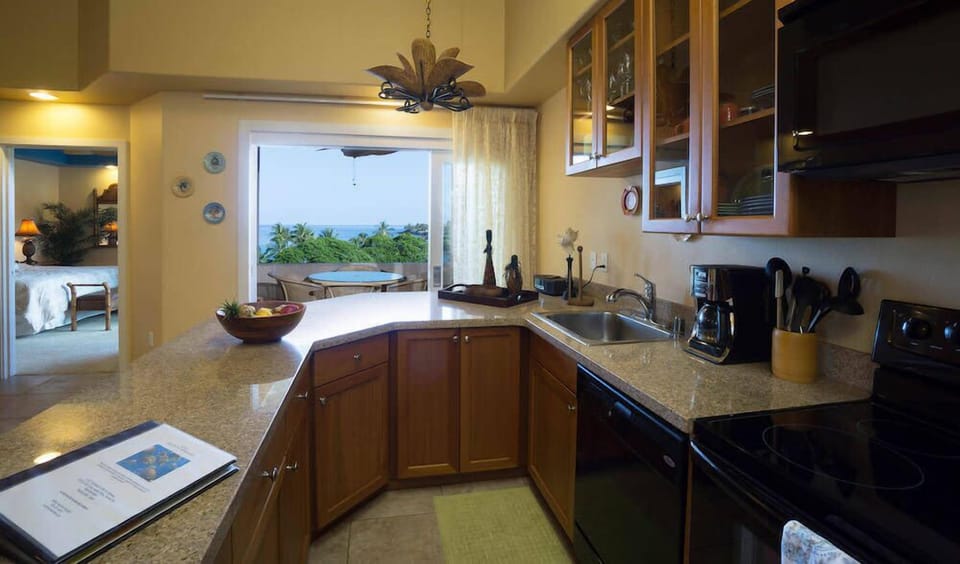 Condo, Multiple Beds, Balcony, Ocean View (2-302 The Beach Villas at Kahaluu) | Private kitchen | Fridge, microwave, oven, stovetop