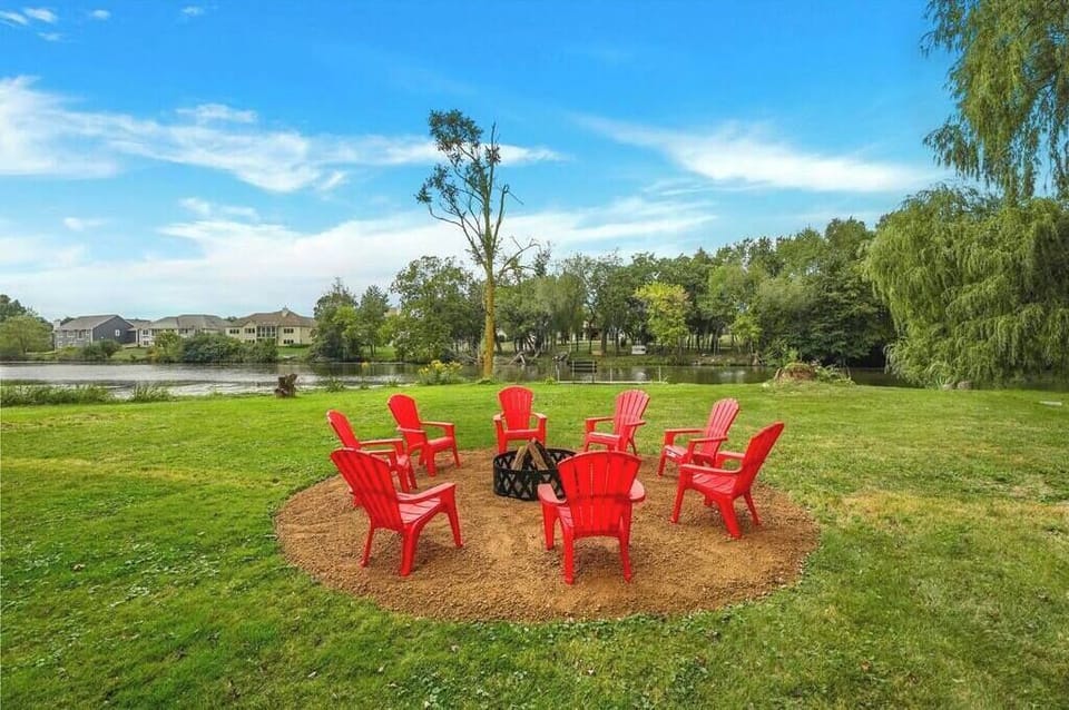 Fire pit with a river view
