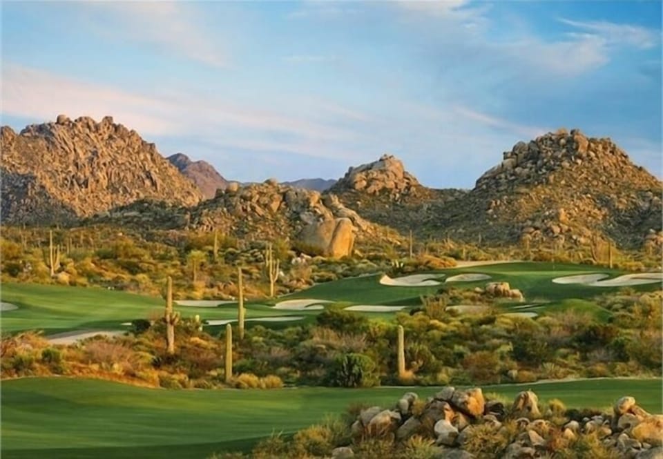 We can set up your tee times at a discounted rate and many courses offer Meridian guests unlimited golf! Photo is of Troon North Golf Club which is often referred to as "The Pebble Beach of Scottsdale"