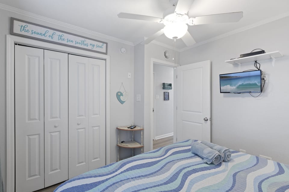 Bedroom with TV and large closet for clothing storage