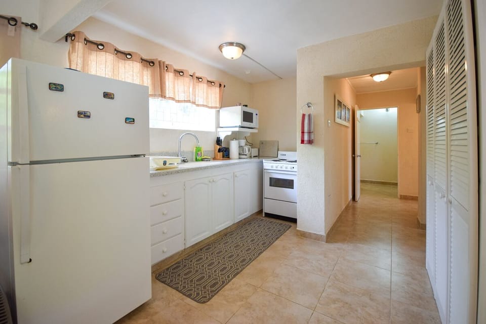 Fully equipped kitchen with stove, oven, fridge and microwave