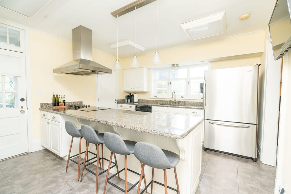 Updated Kitchen, Large fridge, electric range, oven, microwave, dishwasher