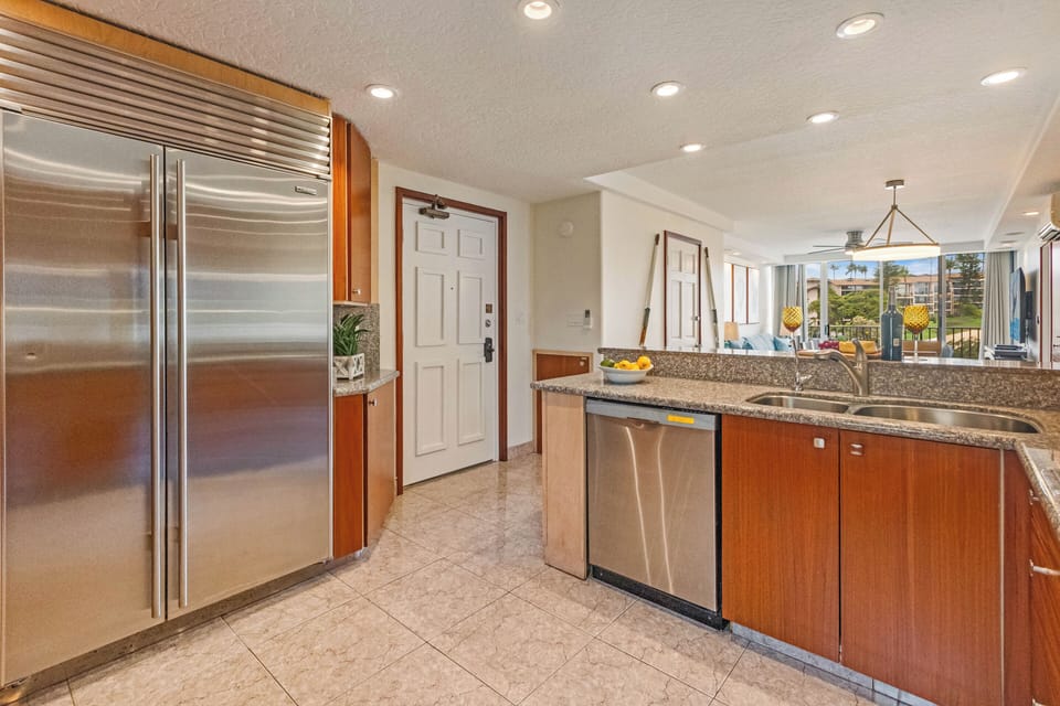 Top-tier refrigerator meets laid-back Hawaiian living in this sun-kissed kitchen!