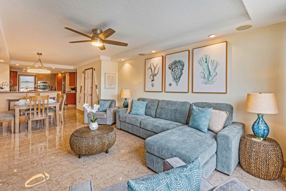 Bright, airy living room with breezy island-inspired touches throughout!