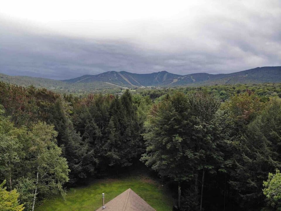 Scenic view of our property with forest and Killington Mountain in the background.