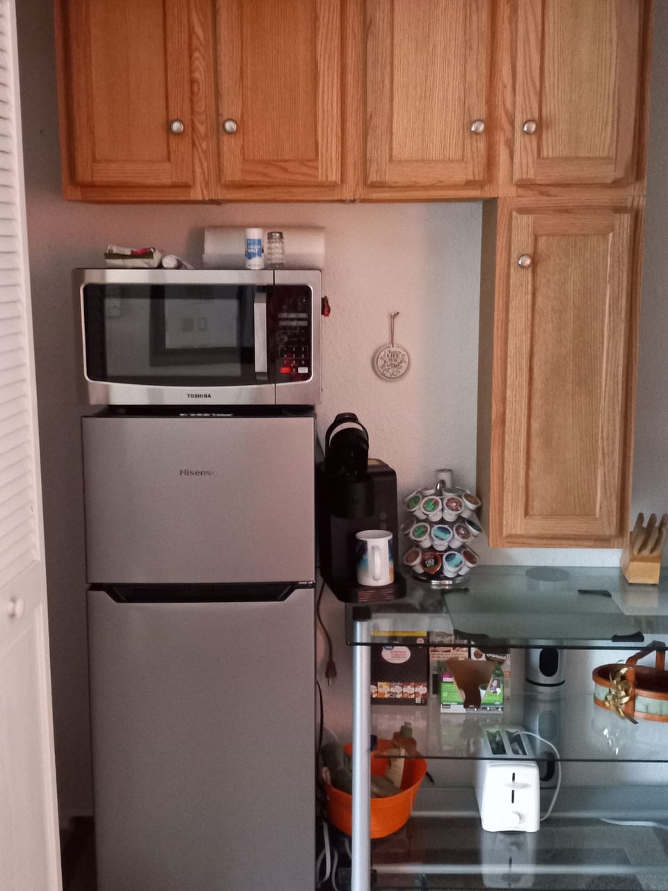 Refrigerator, microwaveand coffee station 
