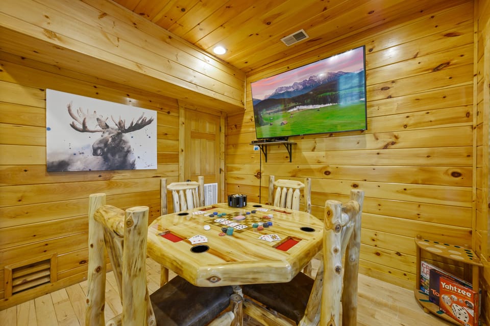 Hand carved poker table with poker chip set and board games for hours of fun!