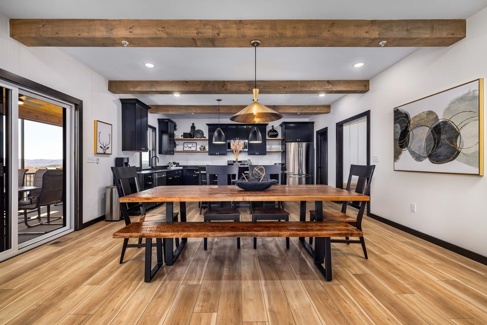 This open kitchen, dining and living room floor plan is perfect for family gatherings.