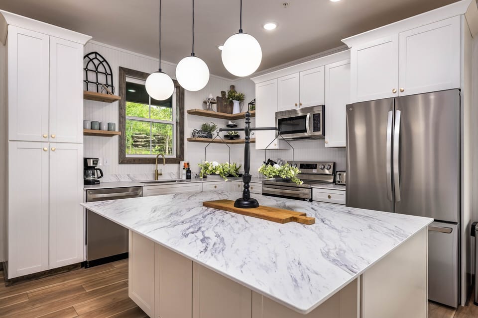 Fully stocked kitchen with center island