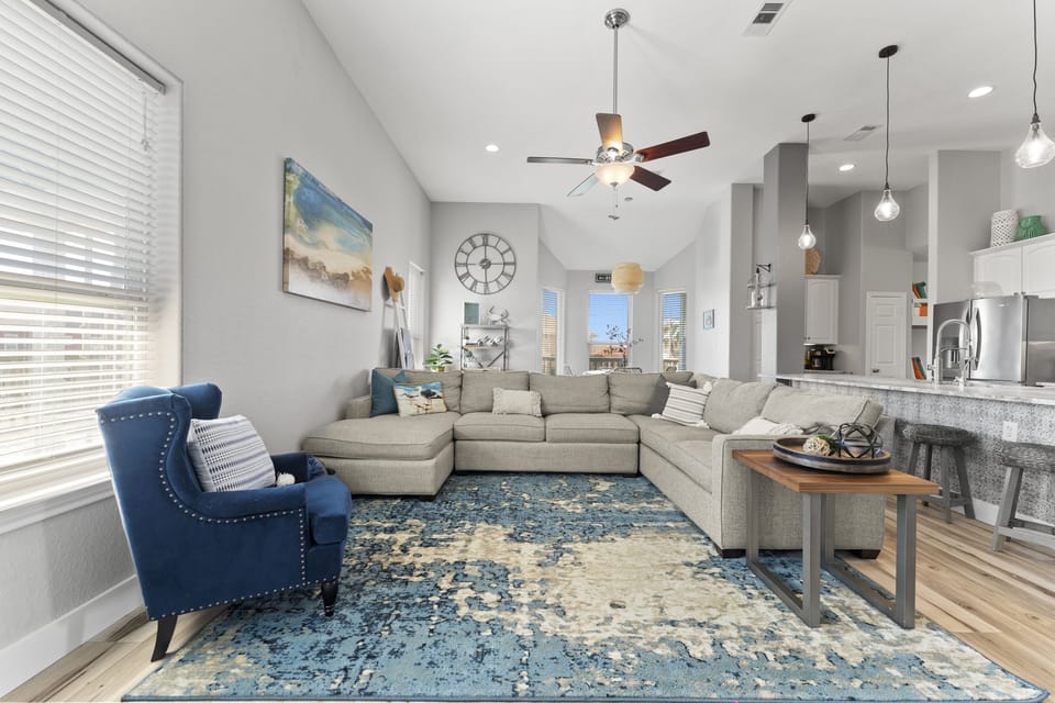 Sectional seating and open concept. 