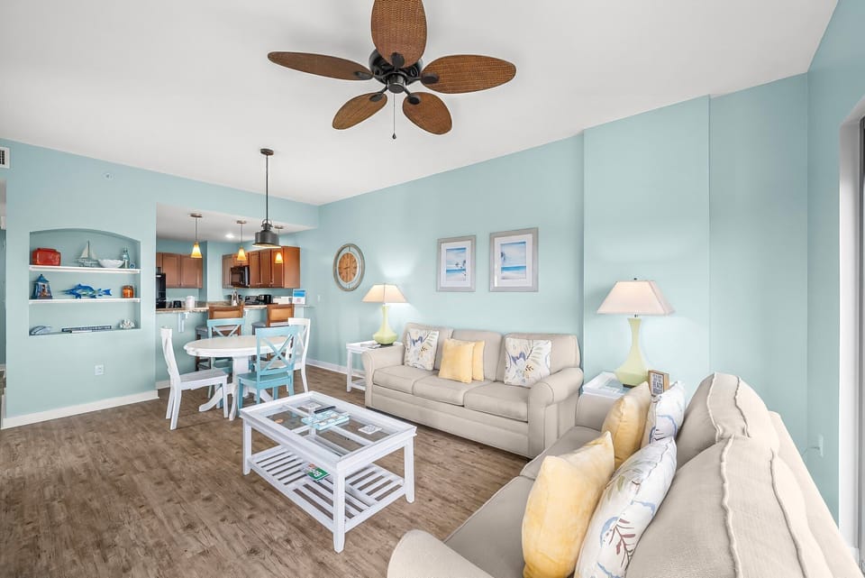 Beachy Dreams sleeps 4 people, with one bedroom and this comfortable sofa that makes into a sleeper bed.