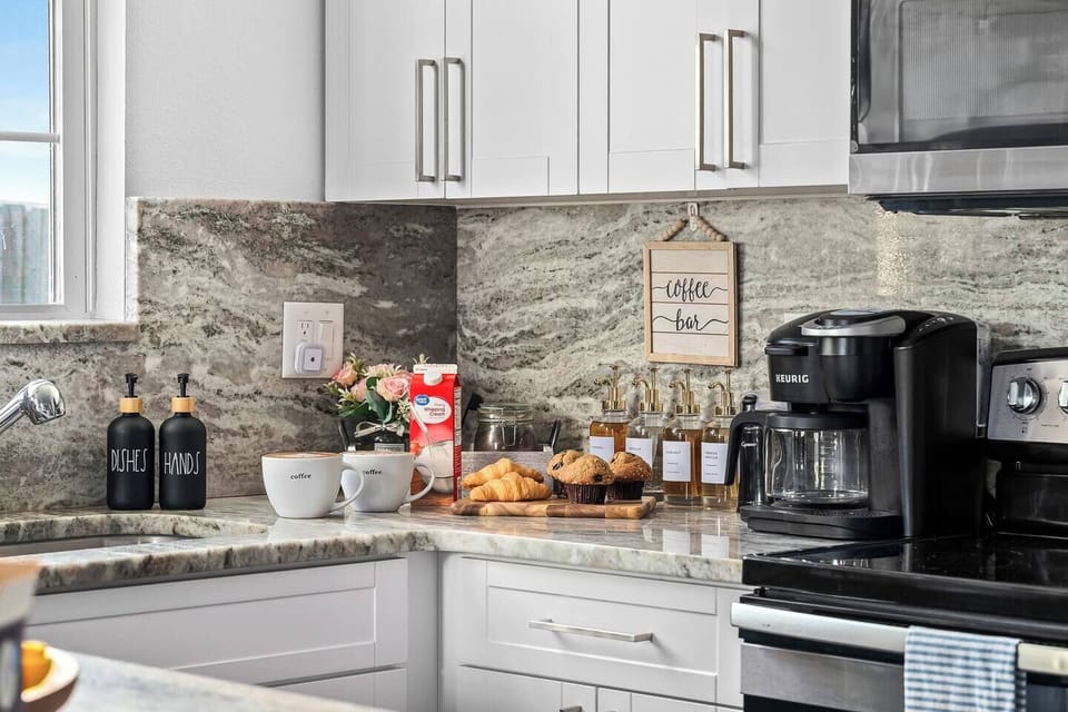 We provide coffee grounds, kcups, syrups, and a variety of sweeteners for your coffee to start the day off right. 