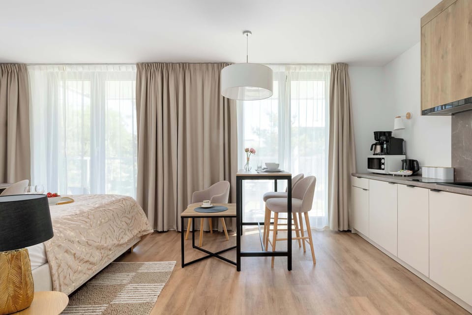 A compact studio layout blends the sleeping and kitchen areas into one efficient space, with the bed positioned close to the kitchenette for convenient use of the limited floor plan.