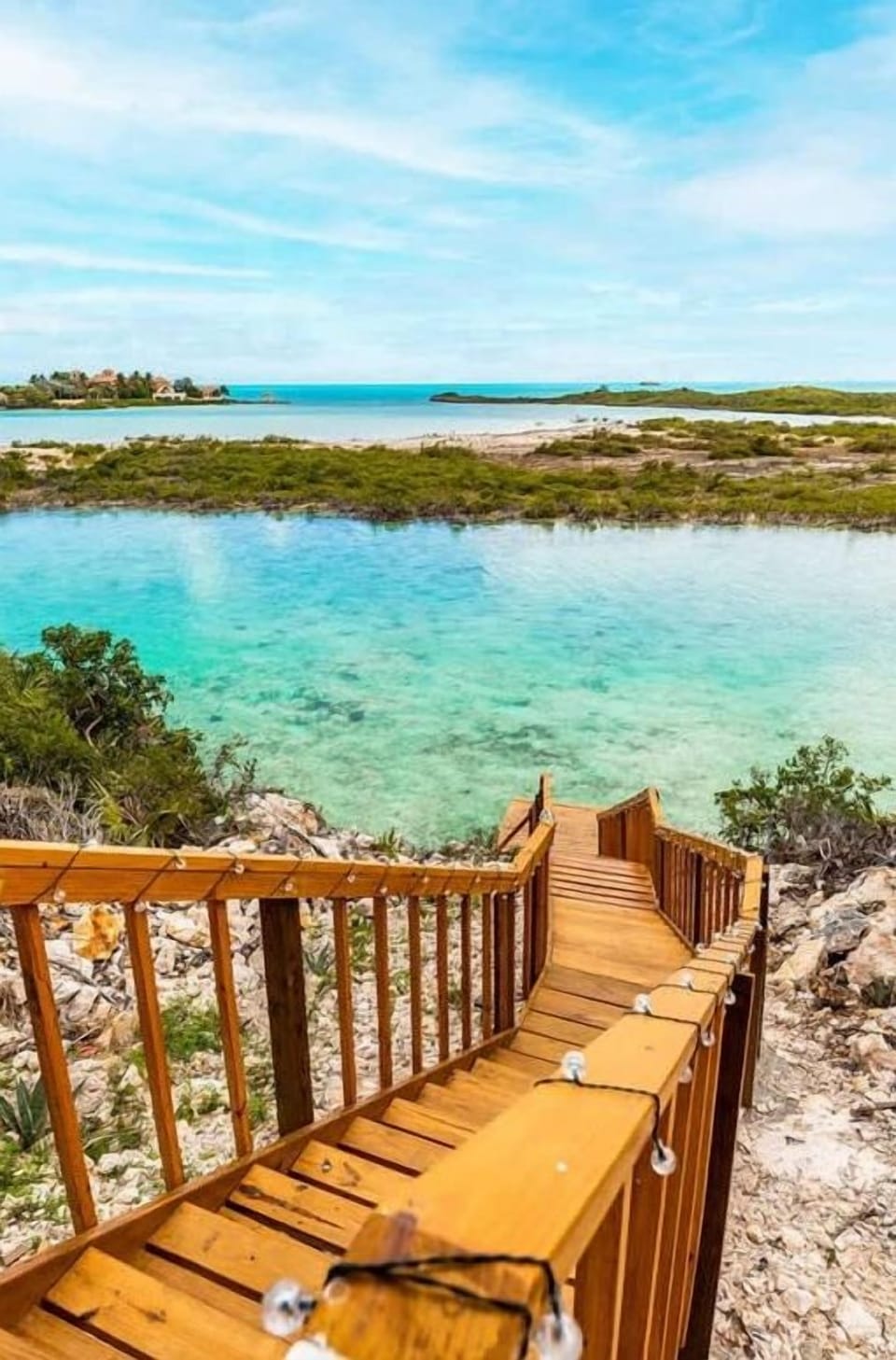 Stairs to walk on down, touch the water and enjoy views from lagoon level.
