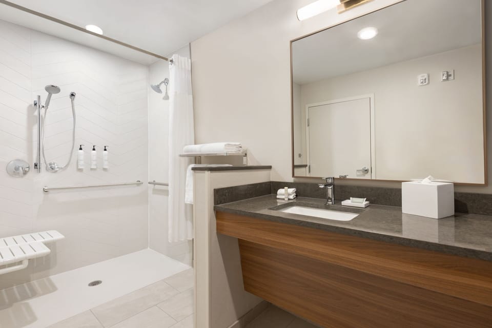 Shower, free toiletries, hair dryer, towels
