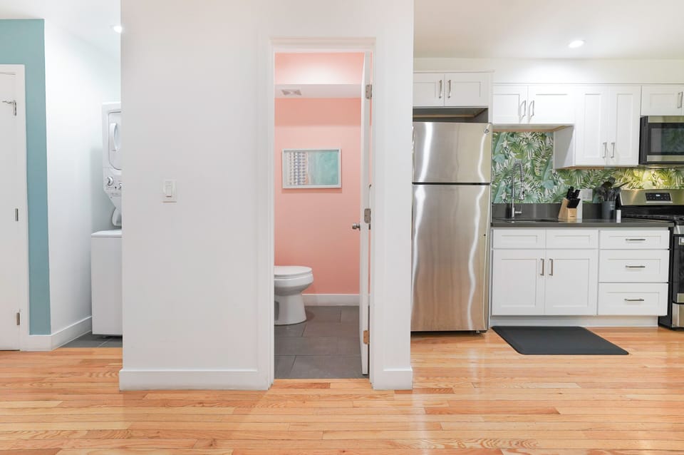 Half bathroom located downstairs for convenience.