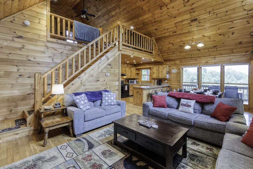 Open Kitchen, Dining, Living and Loft BR with Vaulted Ceilings
