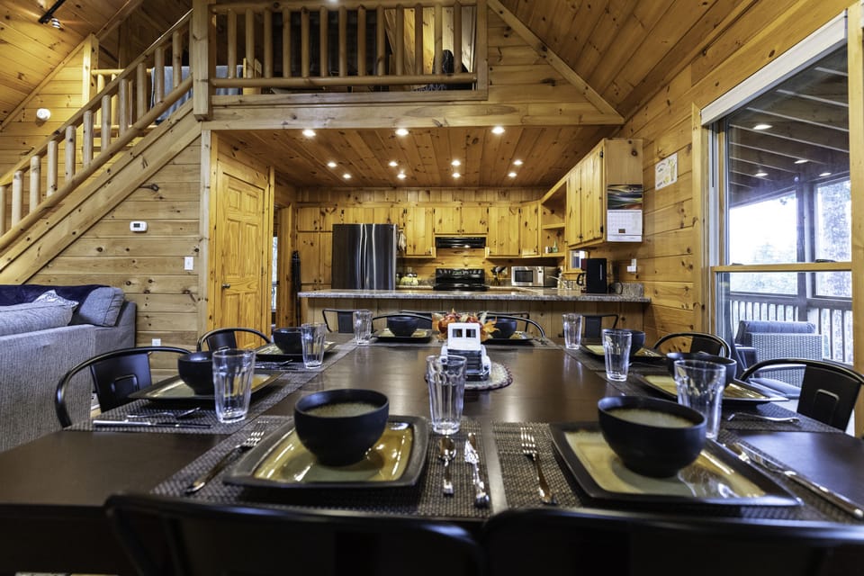 Comfortably seats 8, has 4 counter stools, and a high chair for the littles!