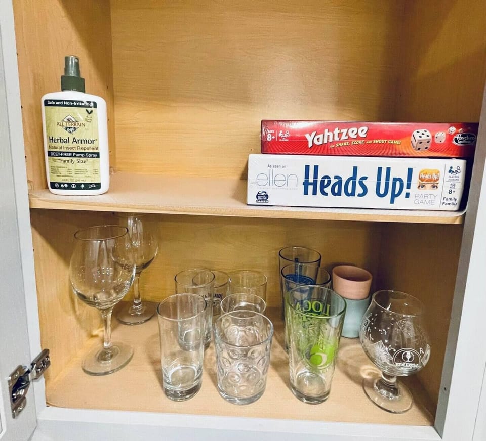Barware, a couple of cups for the kiddos, bug spray & some games. 
