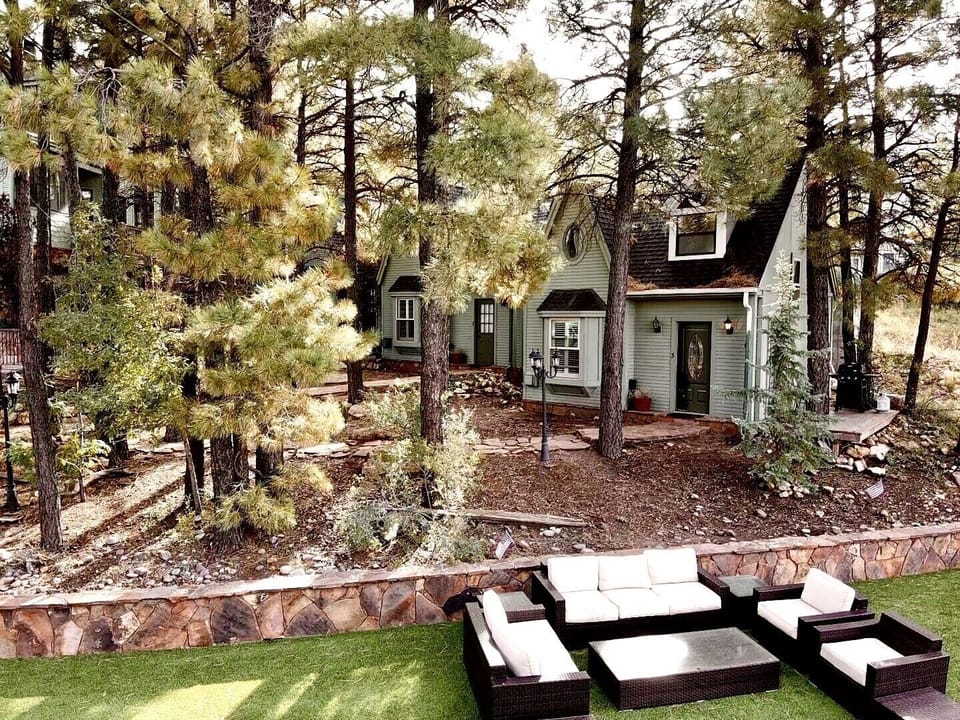 Our courtyard with the cottages chalets behind. #3 is the last one on the right.