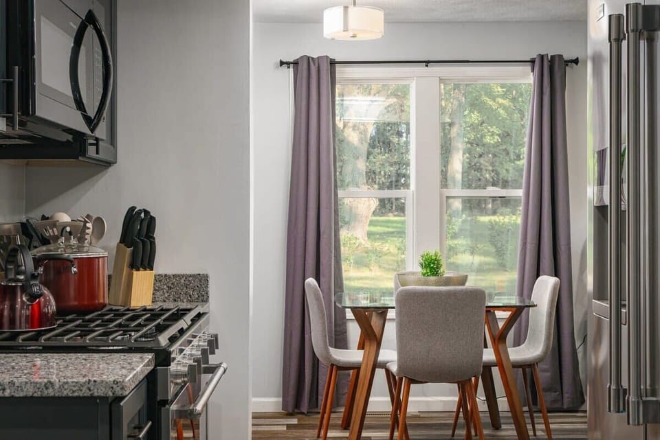 Indoor kitchen near dining area