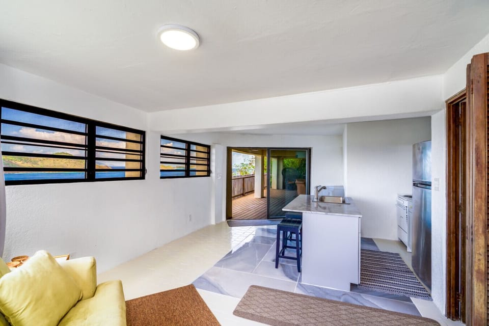 The apartment suite`s (lowest level) kitchen, with private deck in the background.