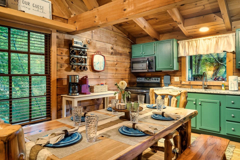 Dining table comfortably seats 8 guests with two benches.