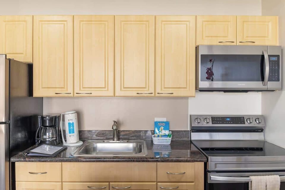 Fully equipped kitchen with all appliances: microwave, stove, oven and fridge