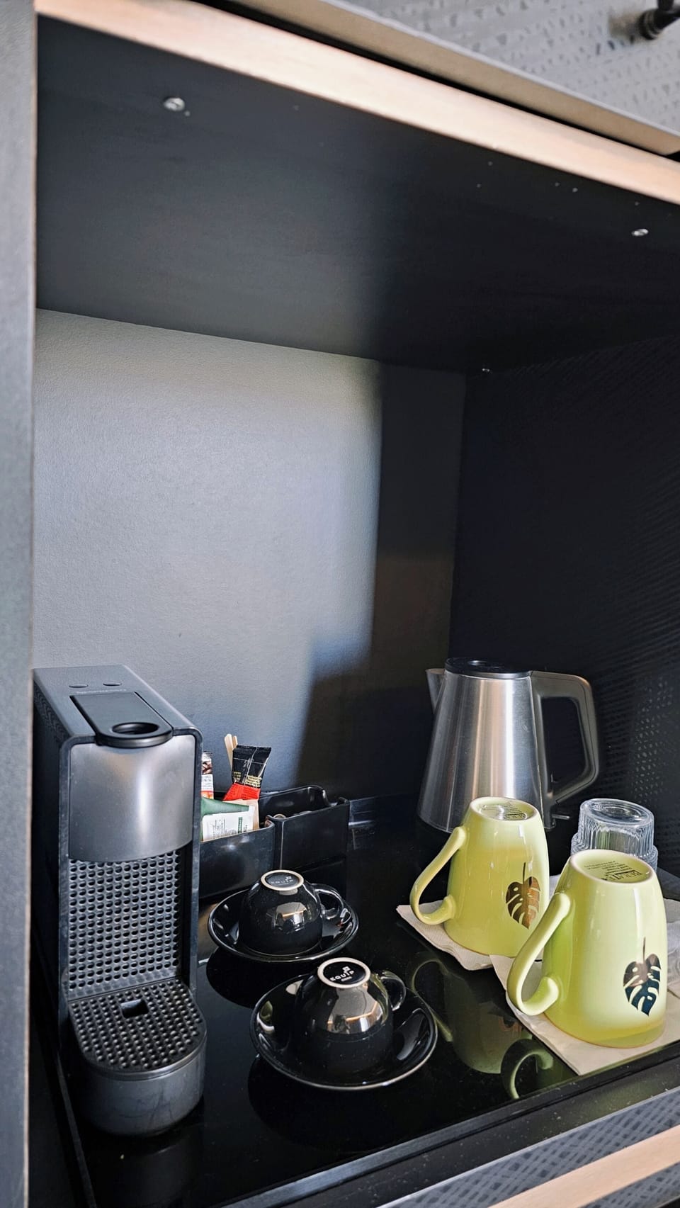 Desk, blackout drapes, bed sheets