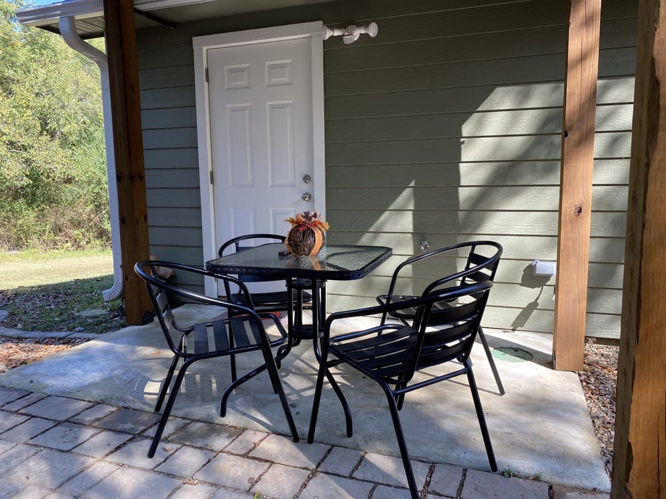Private patio with festive lights!