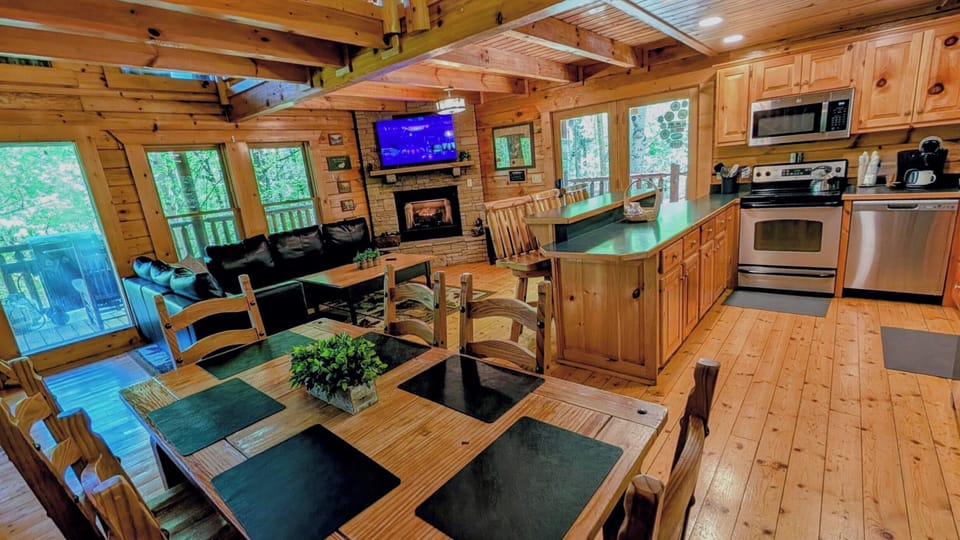 main level kitchen, living room and dining table