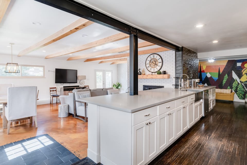 Open concept kitchen, living room and dining room